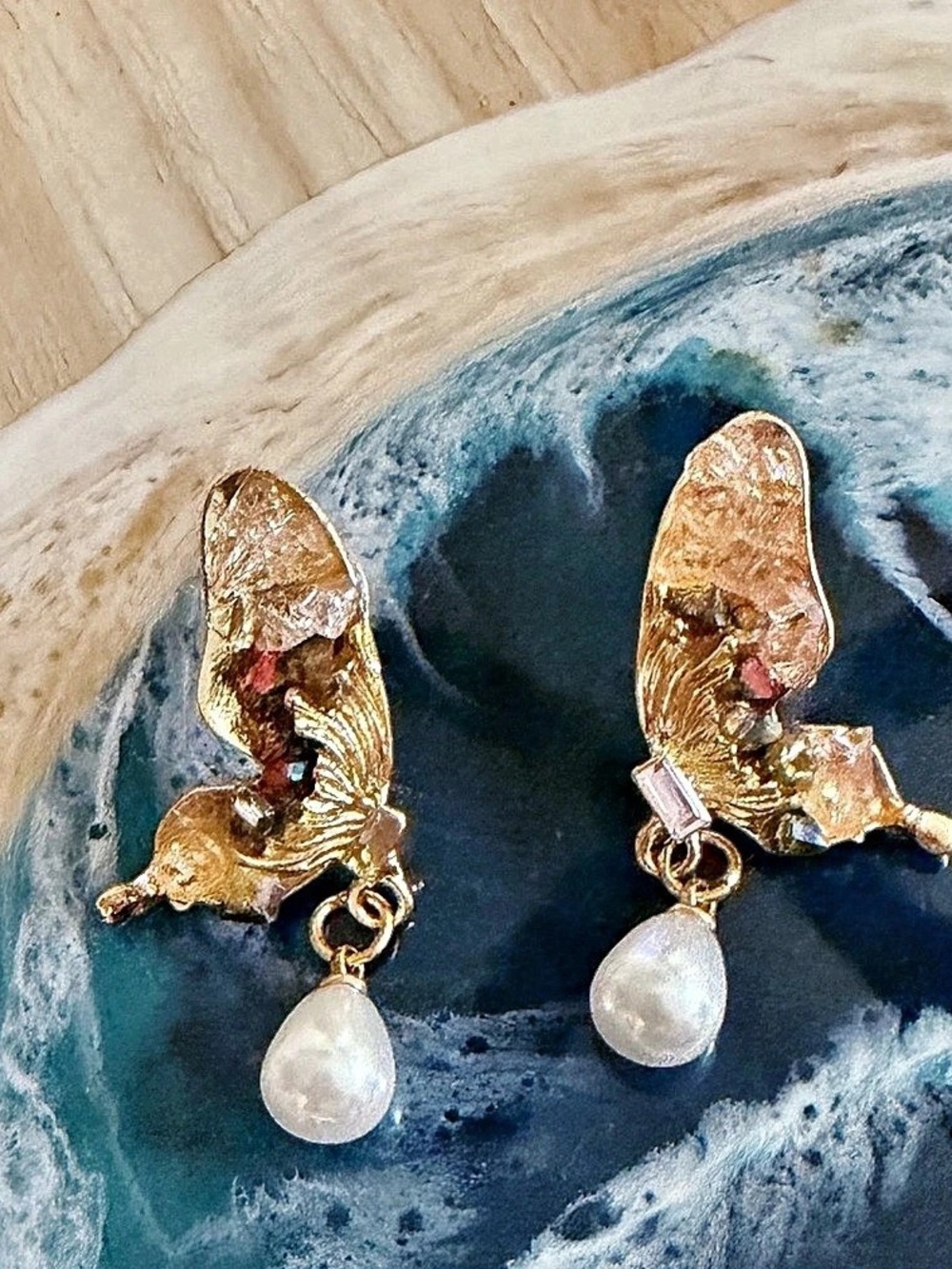 Gold & White Faux Pearl Drop Earrings New